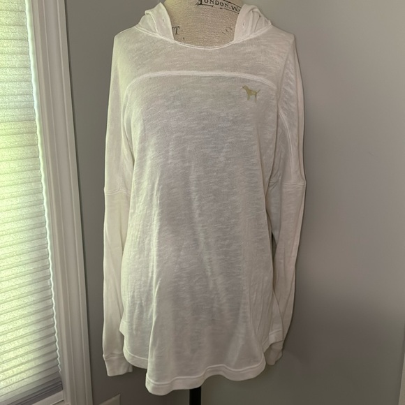 PINK Hoodie White Knit Open Back Gold Graphics - Picture 1 of 12